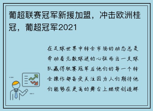 葡超联赛冠军新援加盟，冲击欧洲桂冠，葡超冠军2021